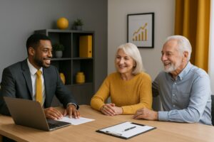 Homme en costume montre des documents à un couple souriant.